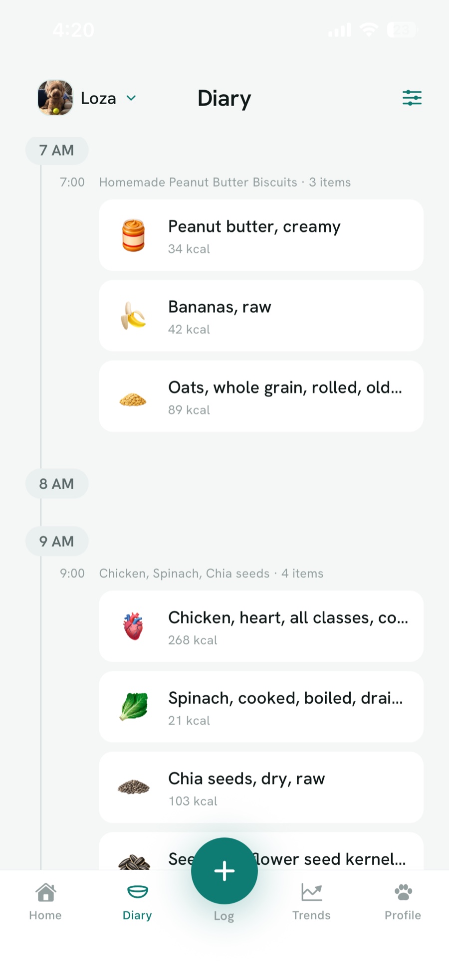 PetFuel Diary screen showing a day of logged meals for Loza
